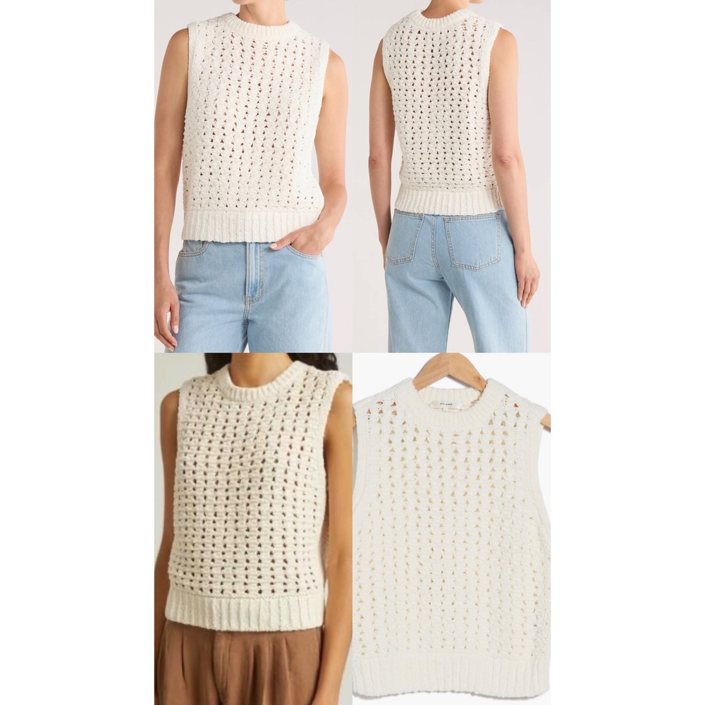 FRAME Crochet Sleeveless Sweater Cream Cotton Open Knit Vest OP26KSW001 L